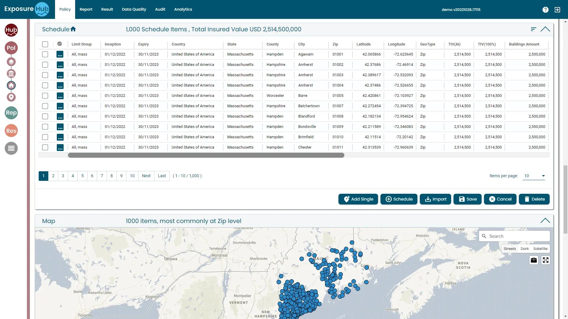 ExposureHub Policy tab: a schedule of 1,000 locations with a map of the Massachusetts portfolio